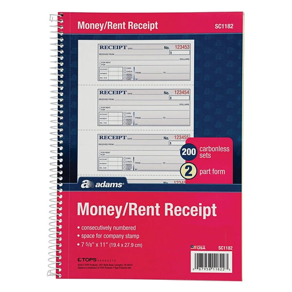 Adams SC1182 7 5/8" x 11" 2-Part Carbonless Spiral Bound Money and Rent Receipt Book - 30/Case
