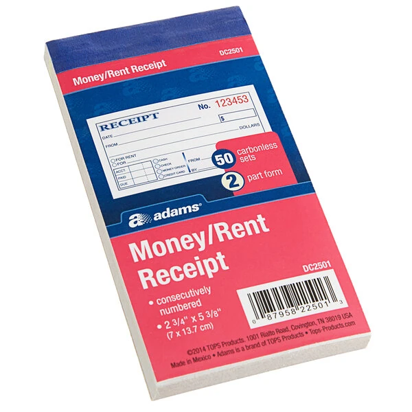 Adams DC2501 2 3/4" x 5 3/8" 2-Part Carbonless Money and Rent Receipt Book