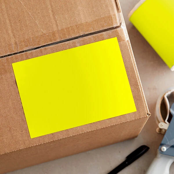 Lavex 5" x 7" Bright Yellow Semi-Gloss Paper Permanent Rectangular Inventory Label - 500/Roll