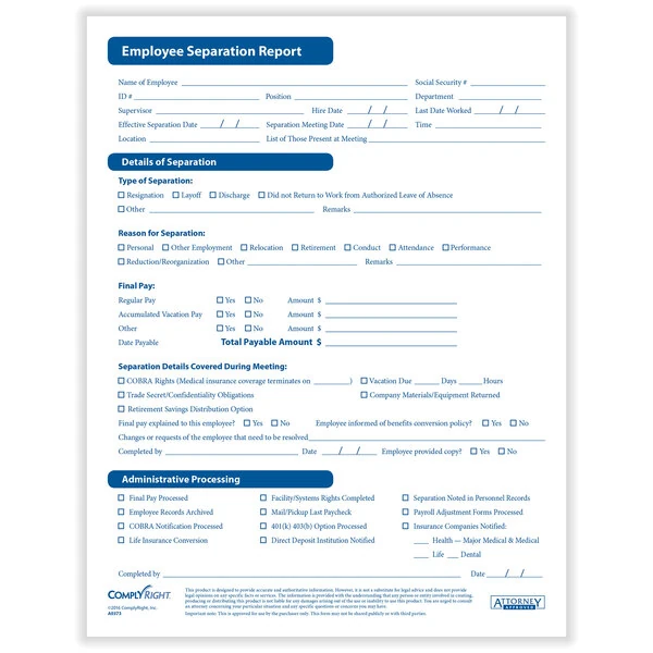 ComplyRight 8 1/2" x 11" Separation Notice - 50/Pack