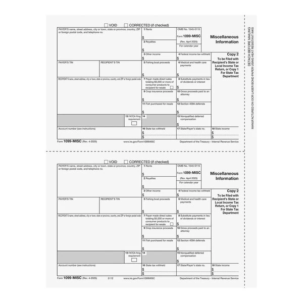 ComplyRight 1099 2-Up Payer Copy 2/1" of Miscellaneous Income Tax Forms - 50/Pack