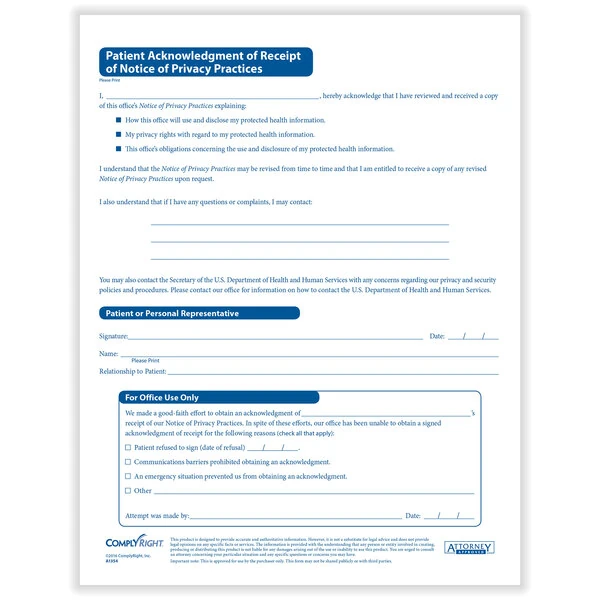 ComplyRight HIPAA Patient Acknowledgment of Receipt of Privacy Practices Form - 200/Pack