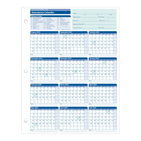 ComplyRight 2025/2026 White Academic Year Attendance Calendar - 50/Pack