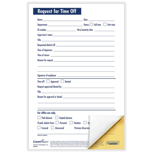 ComplyRight 5 1/2" x 8 1/2" 2-Part Time Off Request Form A2203 - 50/Pack