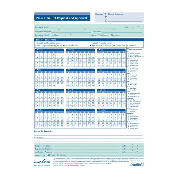 ComplyRight 8 1/2" x 11" 2026 1-Part Time Off Request and Approval Form A0037 - 50/Pack