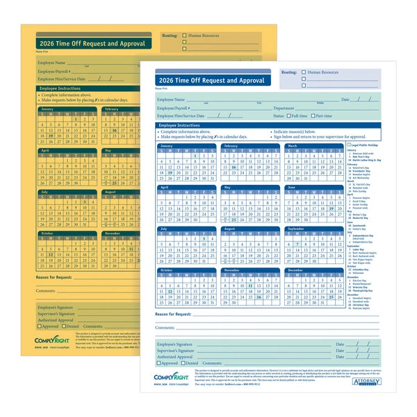 ComplyRight 8 1/2" x 11" 2026 2-Part Time Off Request and Approval Form A0030 - 50/Pack