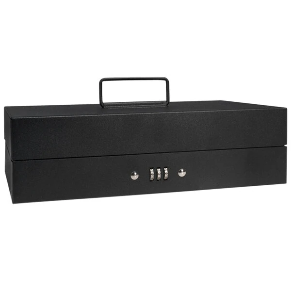 Barska CB11794 11 3/8" x 7 5/8" x 3 3/8" Black Steel Cash Box with Bill Holder, Removable Tray, and Combination Lock