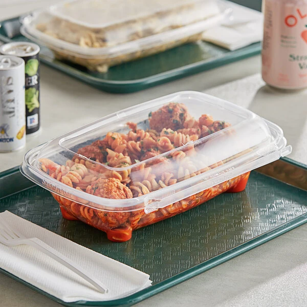 Inline Plastics Safe-T-Chef 35 oz. Tamper-Resistant, Tamper-Evident Vented Rectangular Hinged Container with Dome Lid - 128/Case