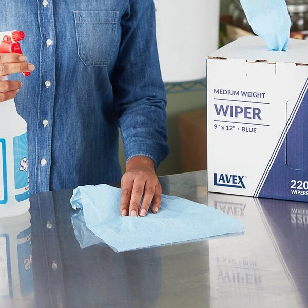 Lavex 9" x 12" Blue Medium Weight Industrial Wiper with Center Pull Pop-Up Box - 1,760/Case