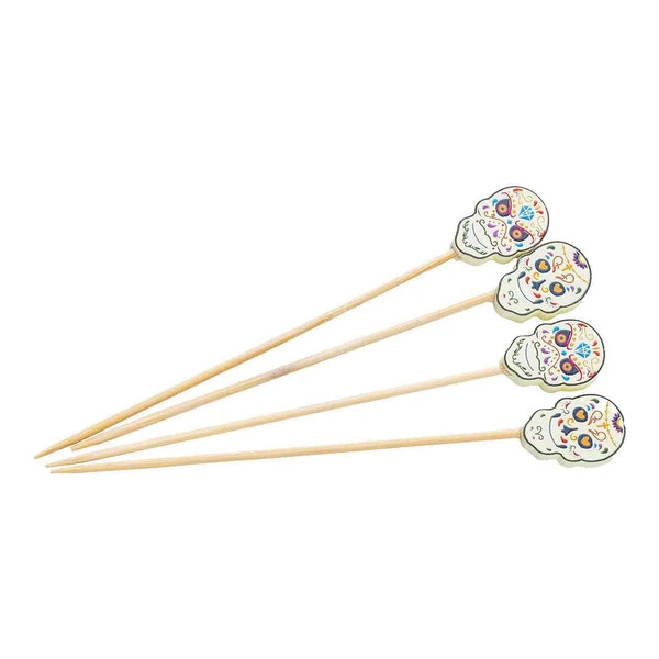 TableCraft 4 1/2" Sugar Skull Bamboo and Pinewood Decorative Food / Cocktail Pick - 1,200/Case