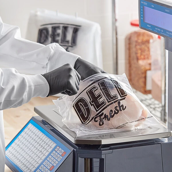 Choice Deli Saddle Bag Stand with 10" x 8" Printed "Deli Fresh" HDPE Plastic Deli Bags - Slide Seal Top