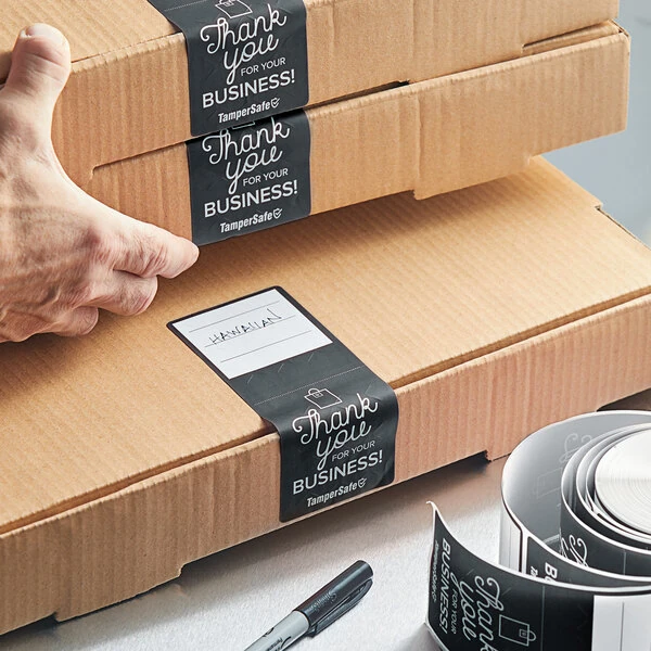 Choice TamperSafe 2 1/2" x 6" Thank You For Your Business Black Paper Tamper-Evident Label - 250/Roll