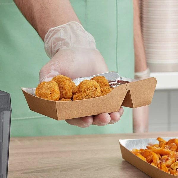 Carnival King 11 oz. Small Two-Compartment Foiled Paper Food Tray 5 1/2" x 2 1/2" x 1 1/4" - 475/Case