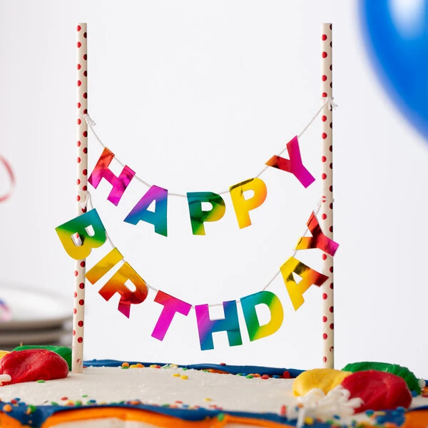 Creative Converting 331798 9" x 9" Rainbow "Happy Birthday" Cake Topper Banner - 12/Case