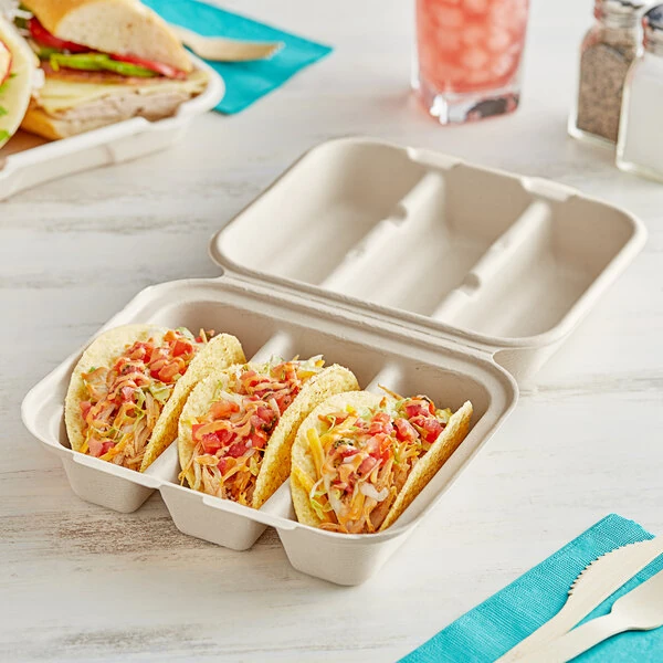 World Centric 3-Compartment Compostable Fiber Taco Clamshell 8" x 7" x 3" - 300/Case