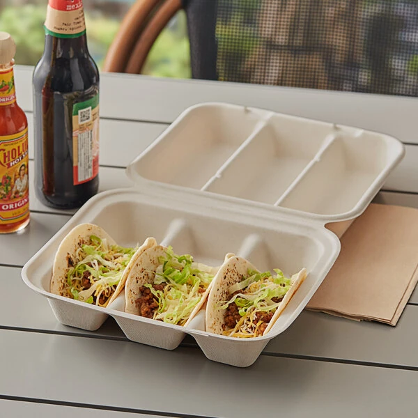 World Centric 3-Compartment Compostable Fiber Taco Clamshell 9" x 8" x 3" - 300/Case