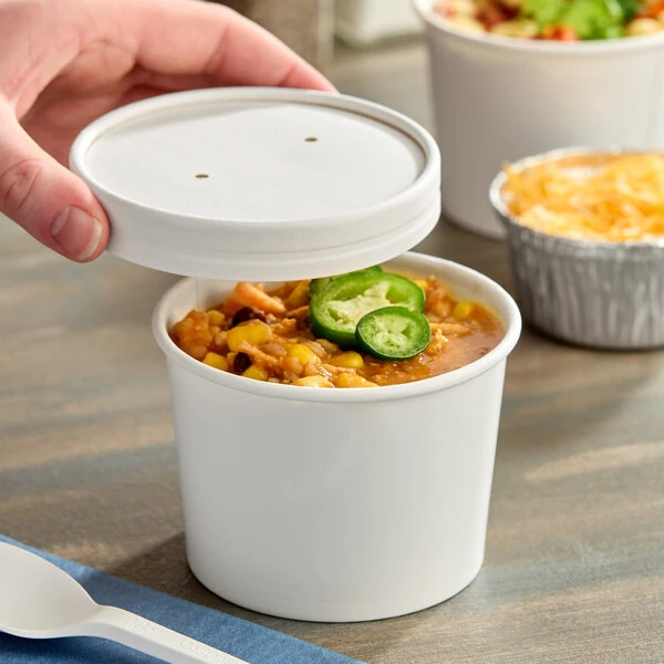Choice 12 oz. Double Poly-Coated White Paper Food Cup with Vented Paper Lid - 25/Pack