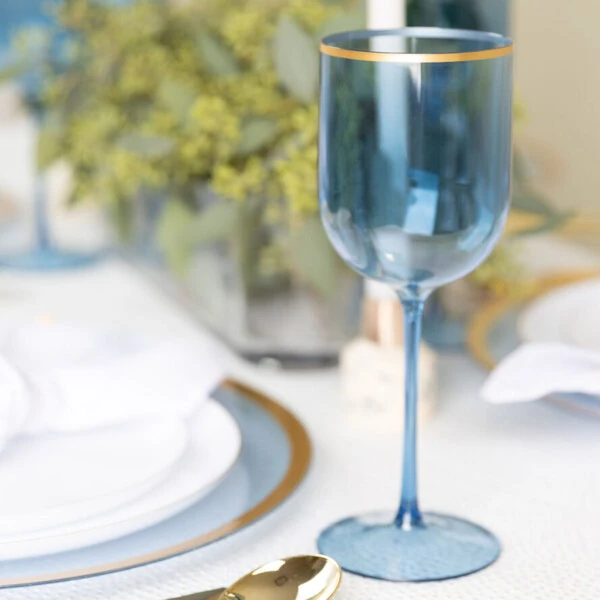 Posh Setting 12 oz. Round Blue Plastic Wine Goblet with Gold Rim - 60/Case