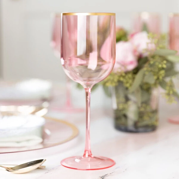Posh Setting 12 oz. Round Pink Plastic Wine Goblet with Gold Rim - 60/Case
