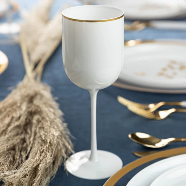 Posh Setting 12 oz. Round White Plastic Wine Goblet with Gold Rim - 60/Case