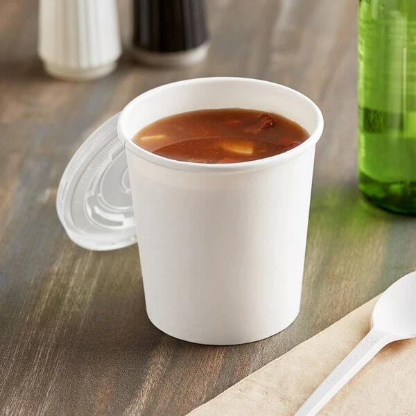 Choice 16 oz. White Double Poly-Coated Paper Food Cup with Vented Plastic Lid - 25/Pack