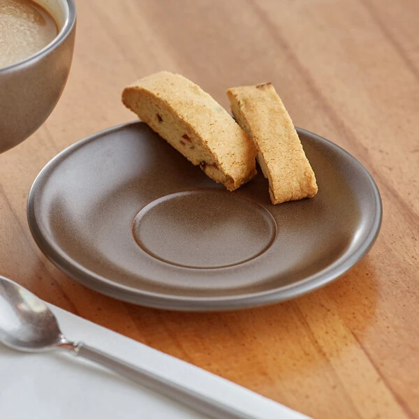 Acopa Embers 5 1/2" Hickory Brown Matte Stoneware Saucer - Sample