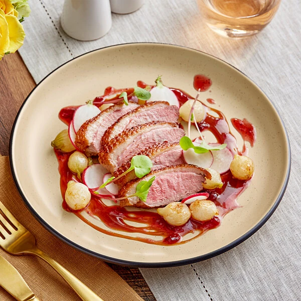 Acopa Embers 9 1/2" Harvest Tan Matte Coupe Stoneware Plate - Sample