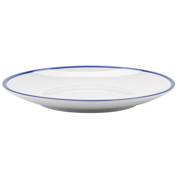 GET Settlement Bistro 8" White Enamelware Round Melamine Coupe Plate with Cobalt Blue Trim - Sample