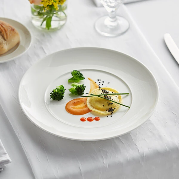 Acopa Liana 10 1/2" Bright White Embossed Lines Wide Rim Porcelain Plate - Sample