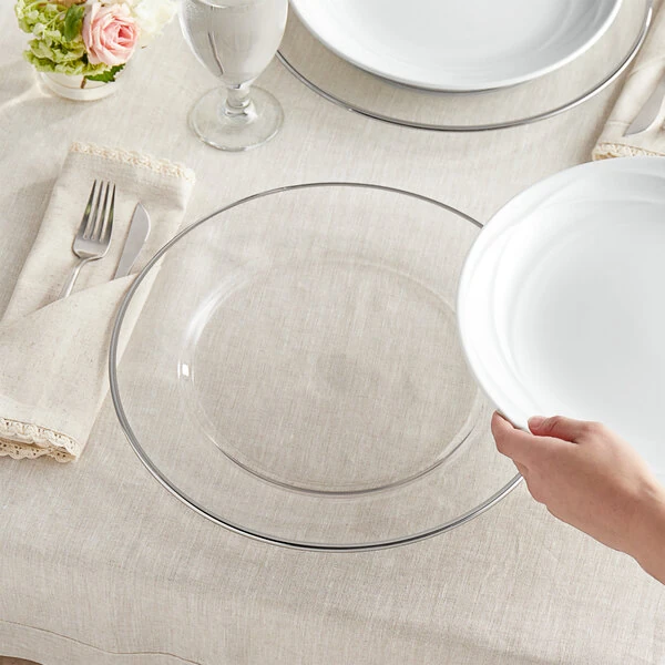 Acopa 13" Round Silver Rim Glass Charger Plate - Sample