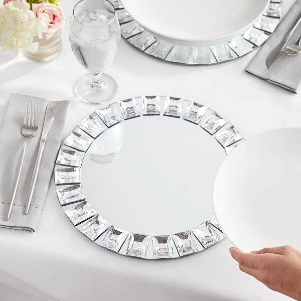 Acopa 13" Round Large Jeweled Glass Mirror Charger Plate - Sample