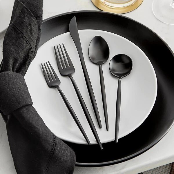 Acopa Odin Black 18/8 Brushed Stainless Steel Extra Heavy Weight Forged Flatware 5-Piece Set - Sample