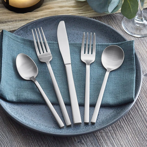 Acopa Phoenix Satin 18/0 Stainless Steel Forged Flatware 5-Piece Set - Sample