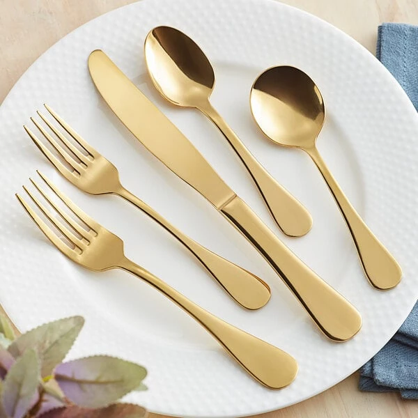 Acopa Vernon Gold 18/0 Stainless Steel Heavy Weight Flatware 5-Piece Set - Sample