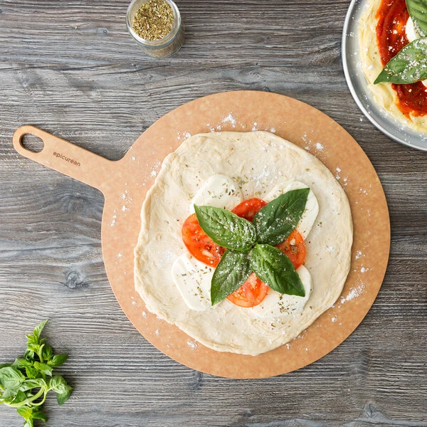 Epicurean 14" Natural Richlite Wood Fiber Round Pizza Board with 5" Handle 429-191401