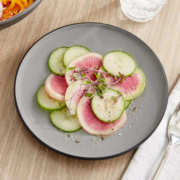 Acopa Apollo 6 1/2" Matte Gray and Black Coupe Melamine Plate - 12/Pack