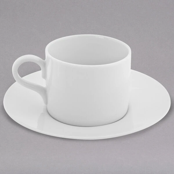 10 Strawberry Street RW0428 Royal White 4 oz. White Round Porcelain Demi Can Cup with Saucer - 24/Case