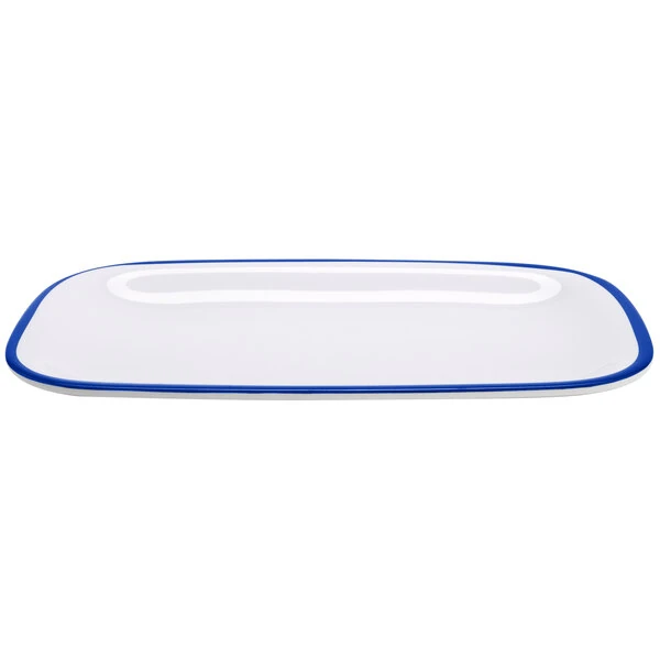 GET Settlement Bistro 11 3/4" x 7 3/4" White Enamelware Rectangular Melamine Dinner Platter with Cobalt Blue Trim - 12/Case