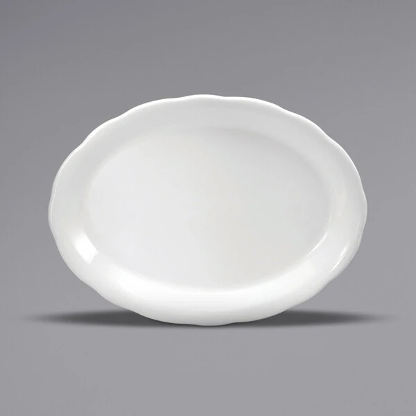Oneida Buffalo Caprice by 1880 Hospitality F1560000330 7 7/8" x 6" Cream White Scalloped Edge China Oval Platter - 36/Case