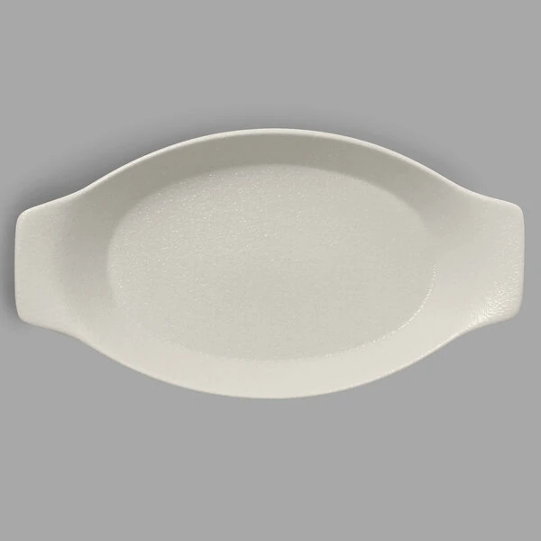 RAK Porcelain Neo Fusion 7 7/8" x 4 5/16" Sand White Porcelain Oval Dish with Handles - 12/Case