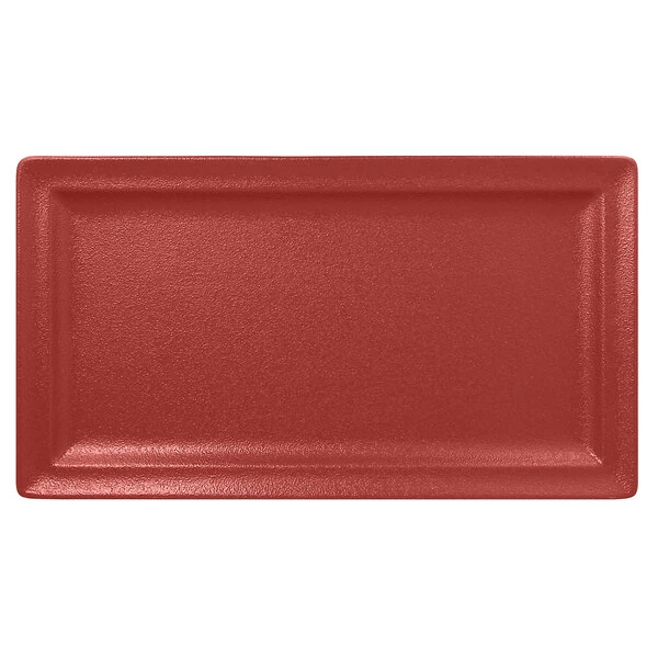 RAK Porcelain Neo Fusion 14 15/16" x 8 1/4" Magma Dark Red Porcelain Rectangular Flat Plate - 6/Case