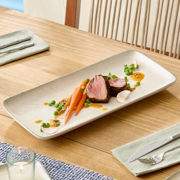 Acopa Cape 14 1/8" x 6 9/16" Rectangular Abyss Gray Porcelain Platter - 12/Case