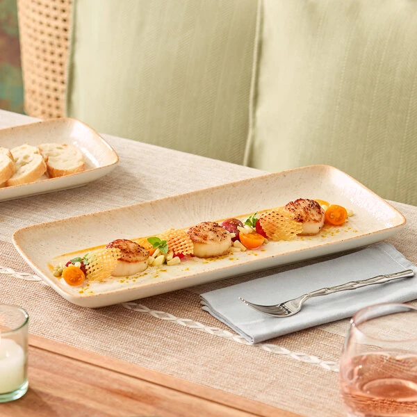 Acopa Cape 14 1/8" x 6 9/16" Rectangular Dune Beige Porcelain Platter - 12/Case