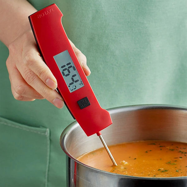 Taylor 5256860 4 3/8" Red Waterproof Digital Folding Thermocouple Thermometer with Rotating Display and Backlight