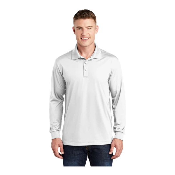 Sport-Tek ST657 Unisex Customizable White Long Sleeve Moisture-Wicking Micro Pique Polo Shirt - Polyester - Medium