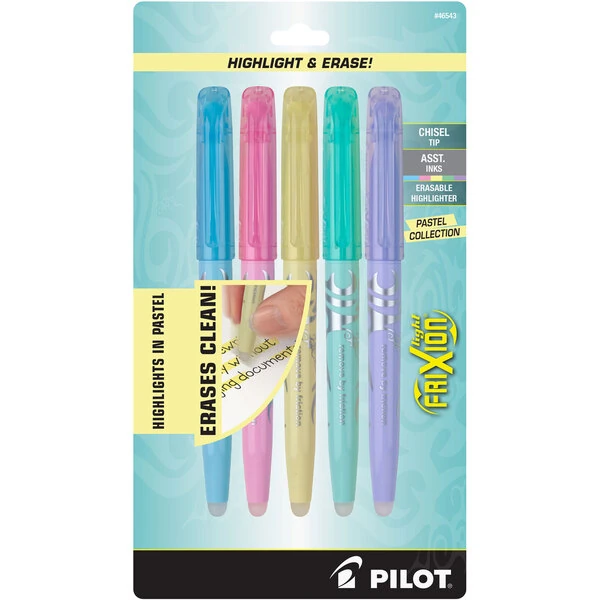 Pilot 46543 FriXion Light Pastel Chisel Tip Erasable Highlighter with Pocket Clip - 5/Pack