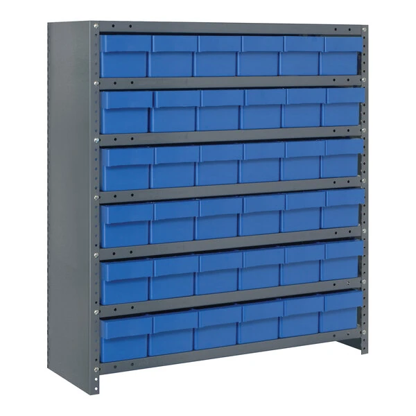 Quantum Super Tuff 36" x 12" x 39" Steel Closed 7-Shelf Euro Drawer Shelving System with (36) 11 5/8" x 5 9/16" x 4 5/8" Blue Bins CL1239-601BL