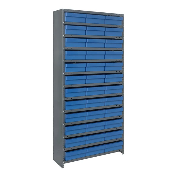 Quantum Super Tuff 36" x 12" x 75" Steel Closed 13-Shelf Euro Drawer Shelving System with (36) 11 5/8" x 11 1/8" x 4 5/8" Blue Bins CL1275-801BL