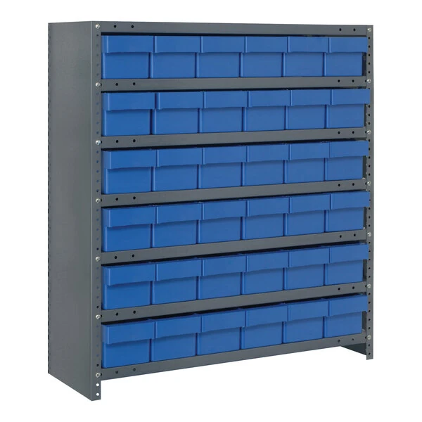 Quantum Super Tuff 36" x 18" x 39" Steel Closed 7-Shelf Euro Drawer Shelving System with (36) 17 7/8" x 5 9/16" x 4 5/8" Blue Bins CL1839-602BL