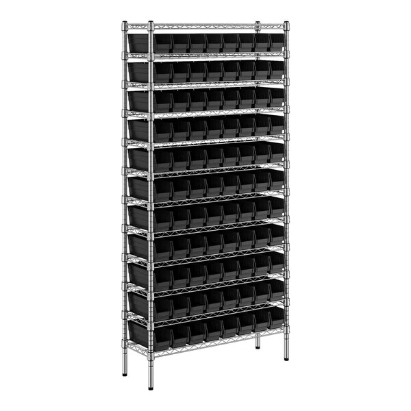 Regency 12" x 36" x 74" Wire Shelving Unit with 88 Black Bins